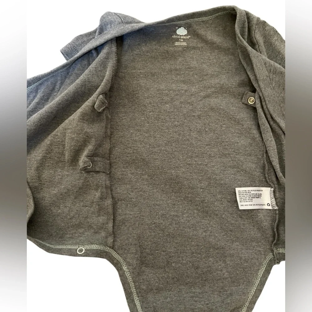 3 onesies - 12months Gerber, Cloud Island grey kimono style, striped, one yellow